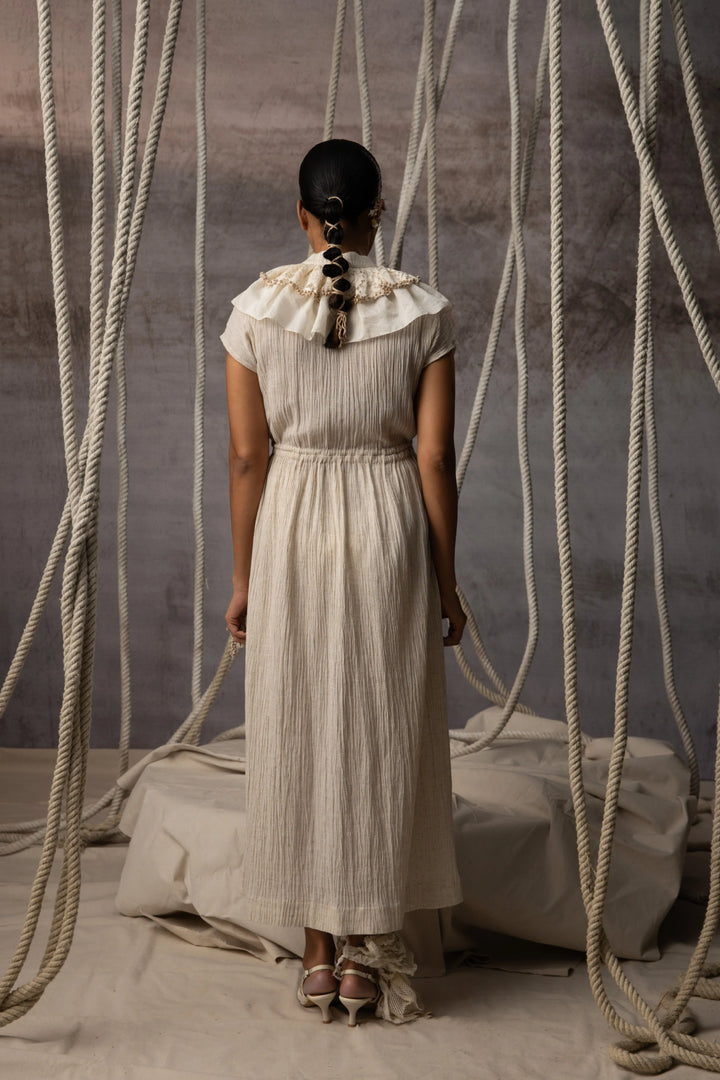 Ivory Flounce Crushed Drawstring Dress