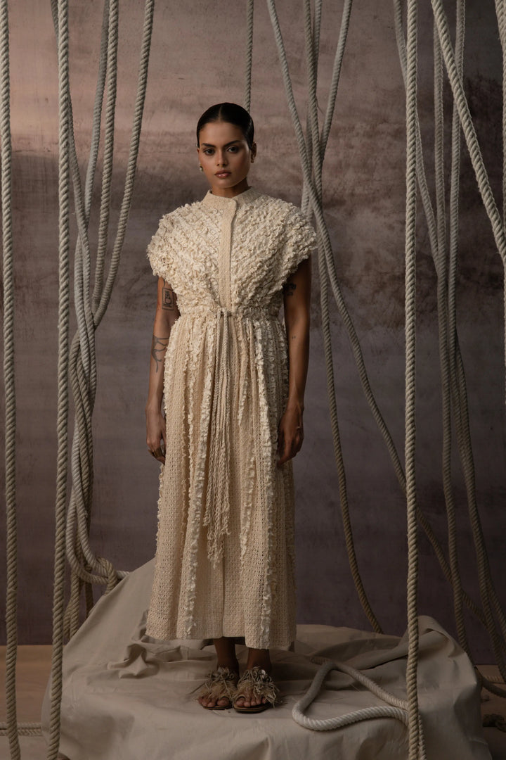 Ivory Lace Ruched Cotton Net Drawstring Dress