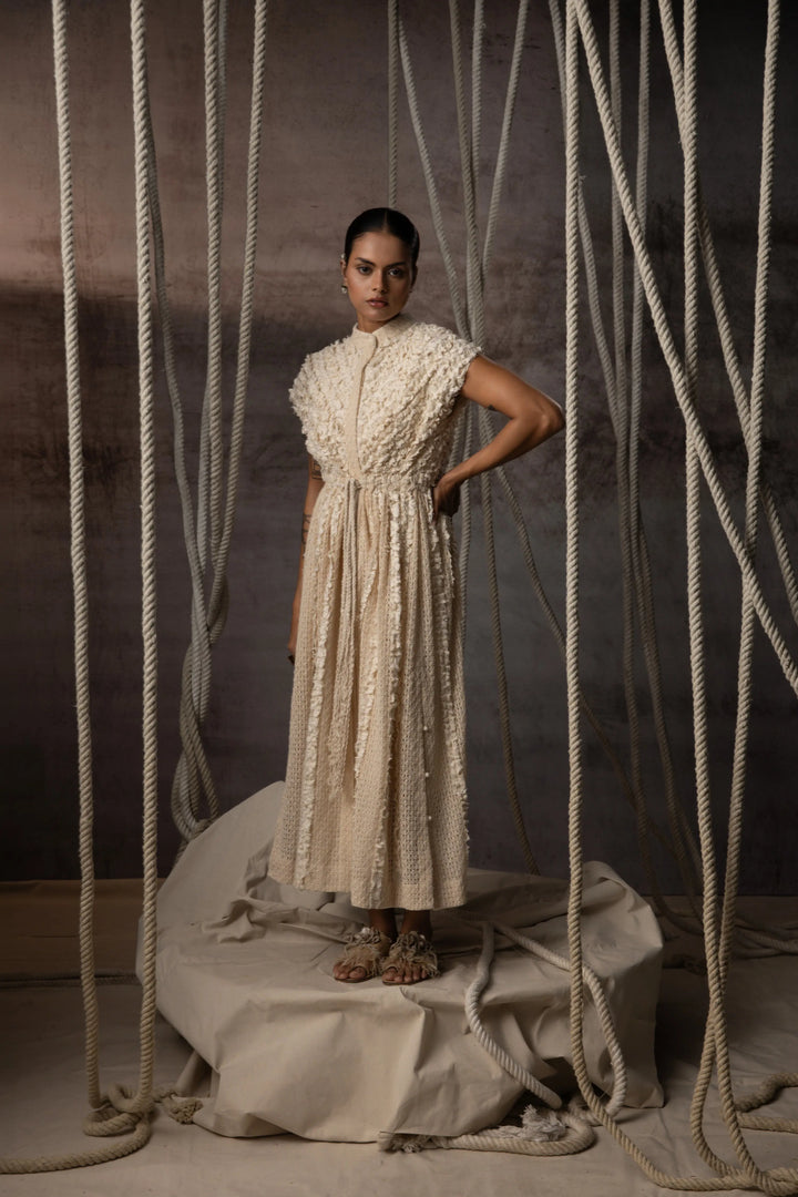 Ivory Lace Ruched Cotton Net Drawstring Dress