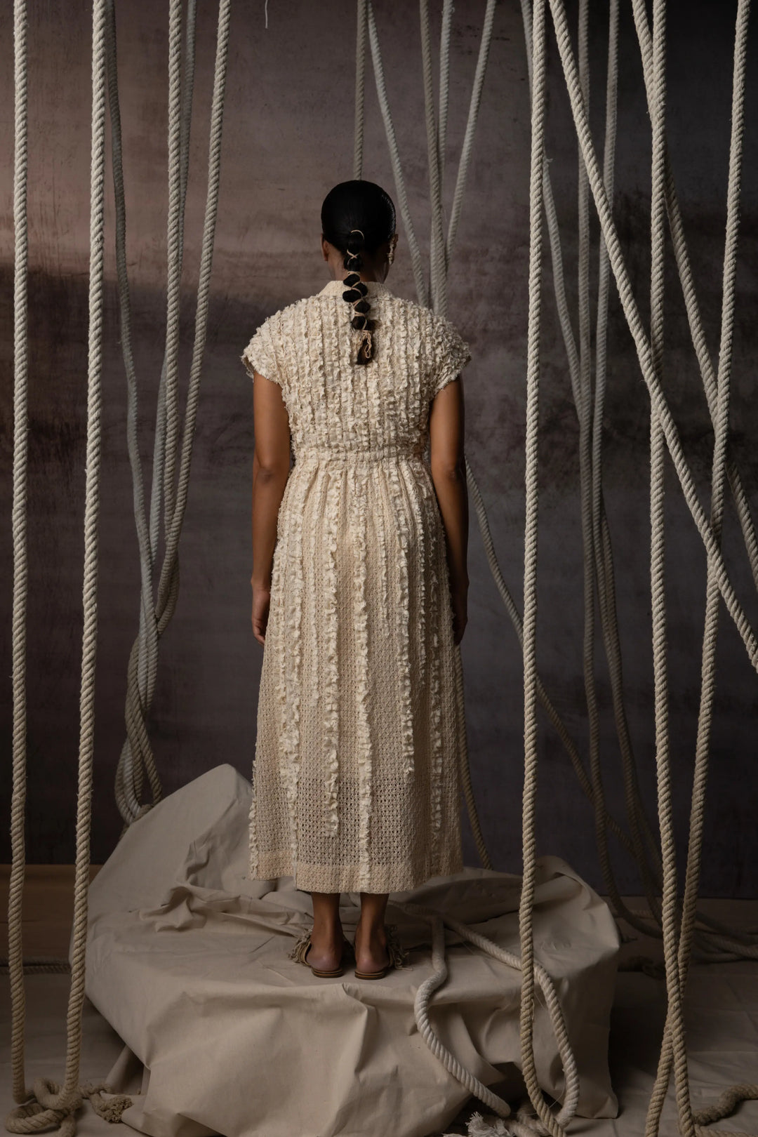Ivory Lace Ruched Cotton Net Drawstring Dress