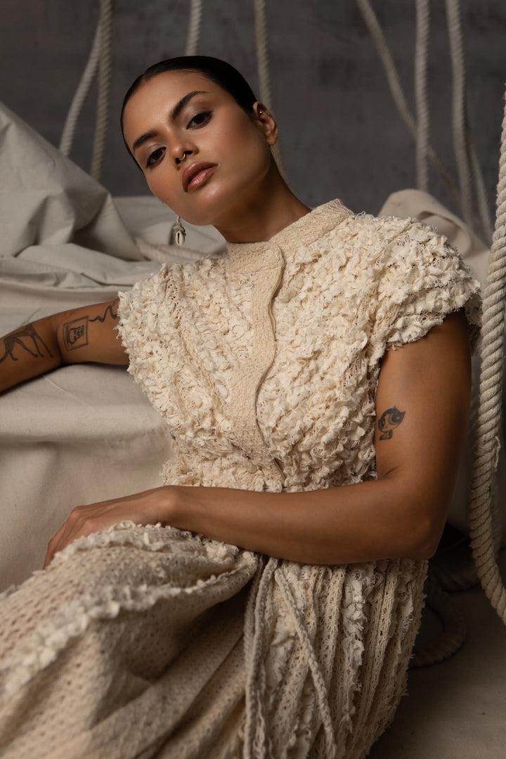 Ivory Lace Ruched Cotton Net Drawstring Dress