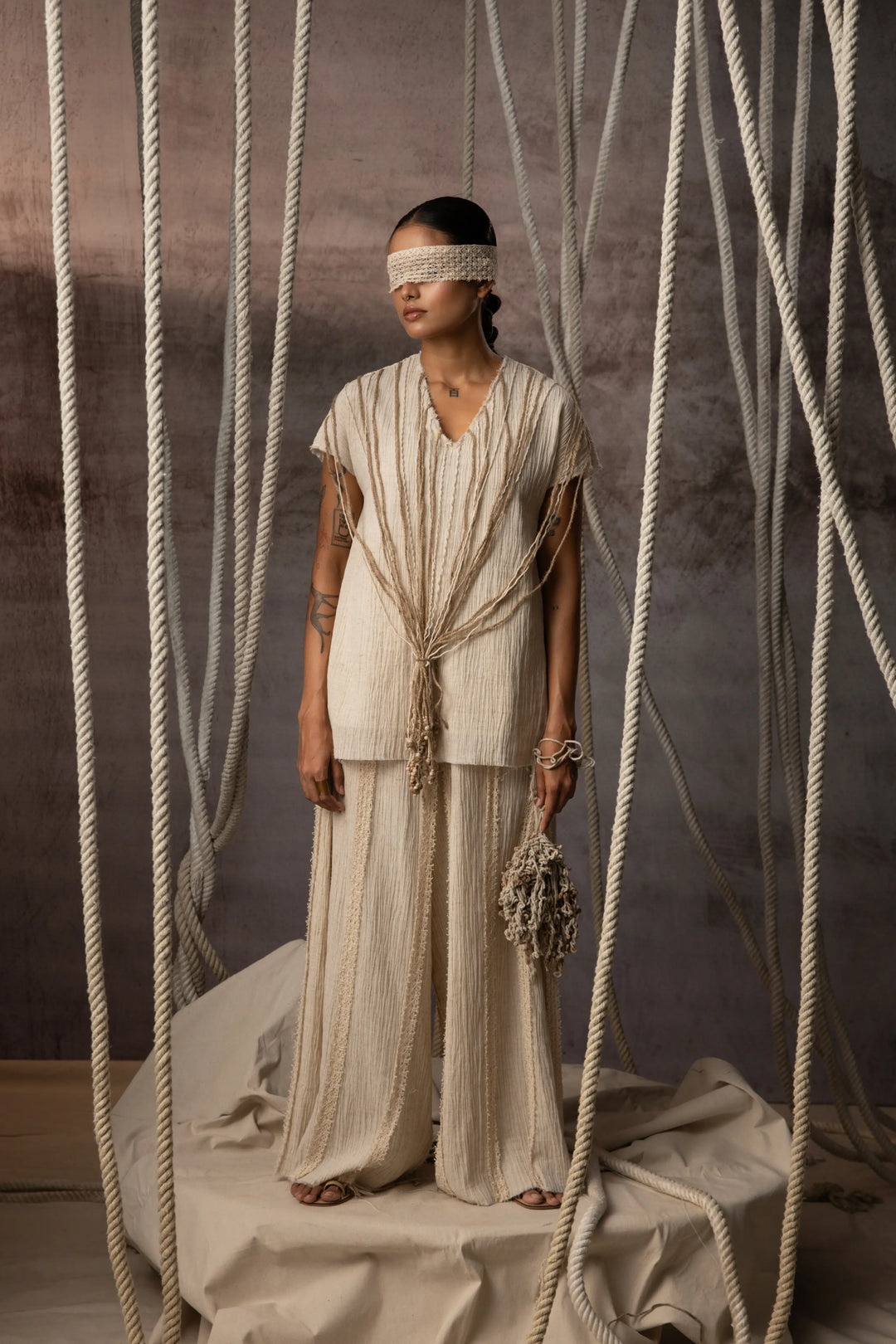 Ivory Crushed Cotton Net Trousers