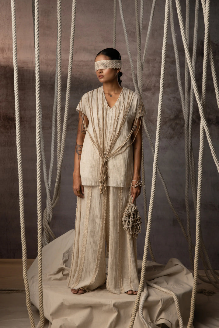 Ivory Crushed Cotton Net Trousers