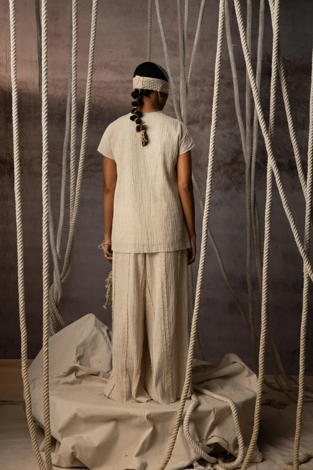 Ivory Crushed Cotton Net Trousers