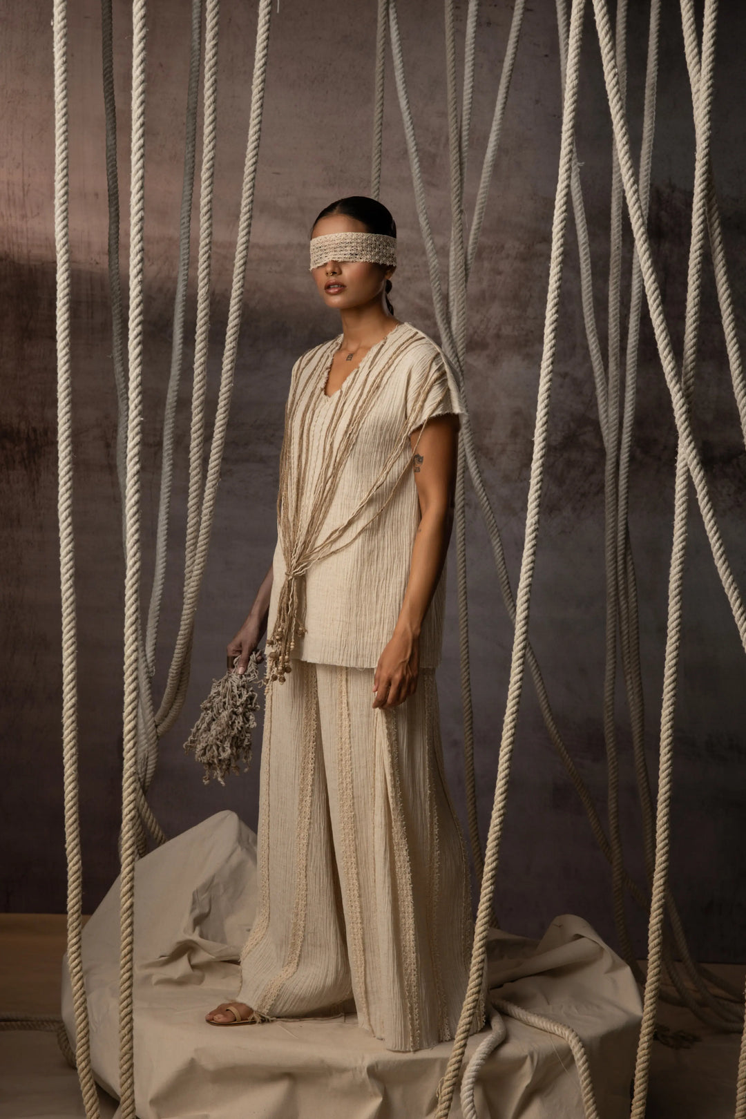 Ivory Crushed Cotton Net Trousers