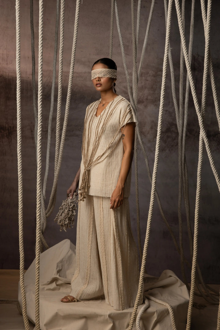 Ivory Crushed Cotton Net Trousers