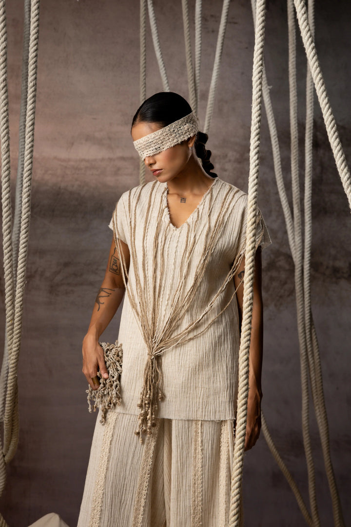 Ivory Crushed Cotton Net Trousers
