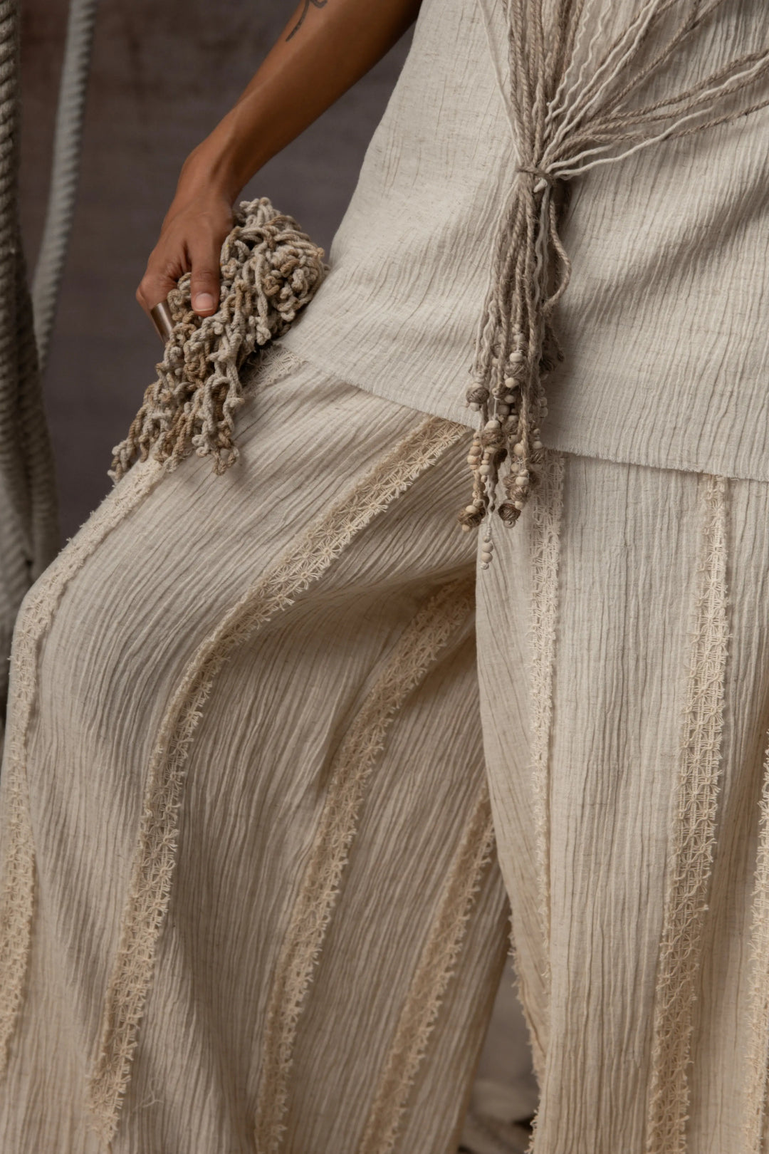 Ivory Crushed Cotton Net Trousers