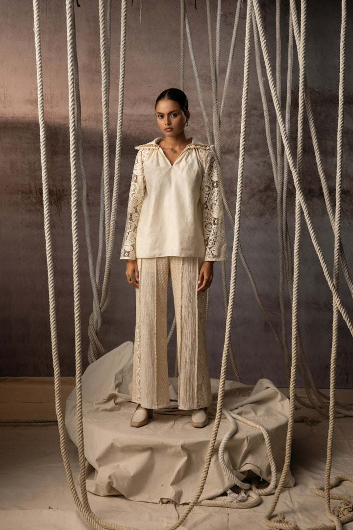 Ivory Khadi Silk Lace hand beaded Top