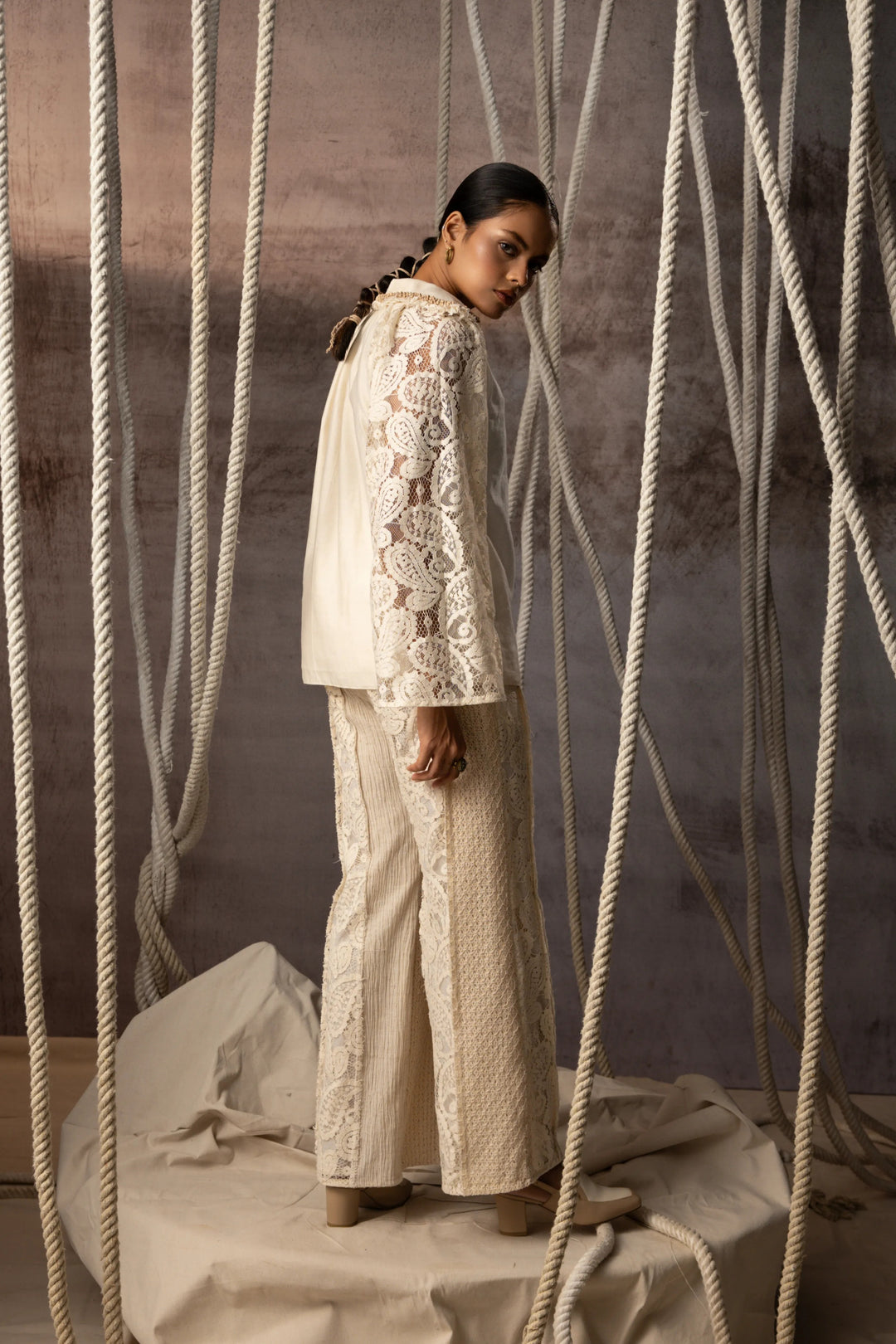 Ivory Khadi Silk Lace hand beaded Top