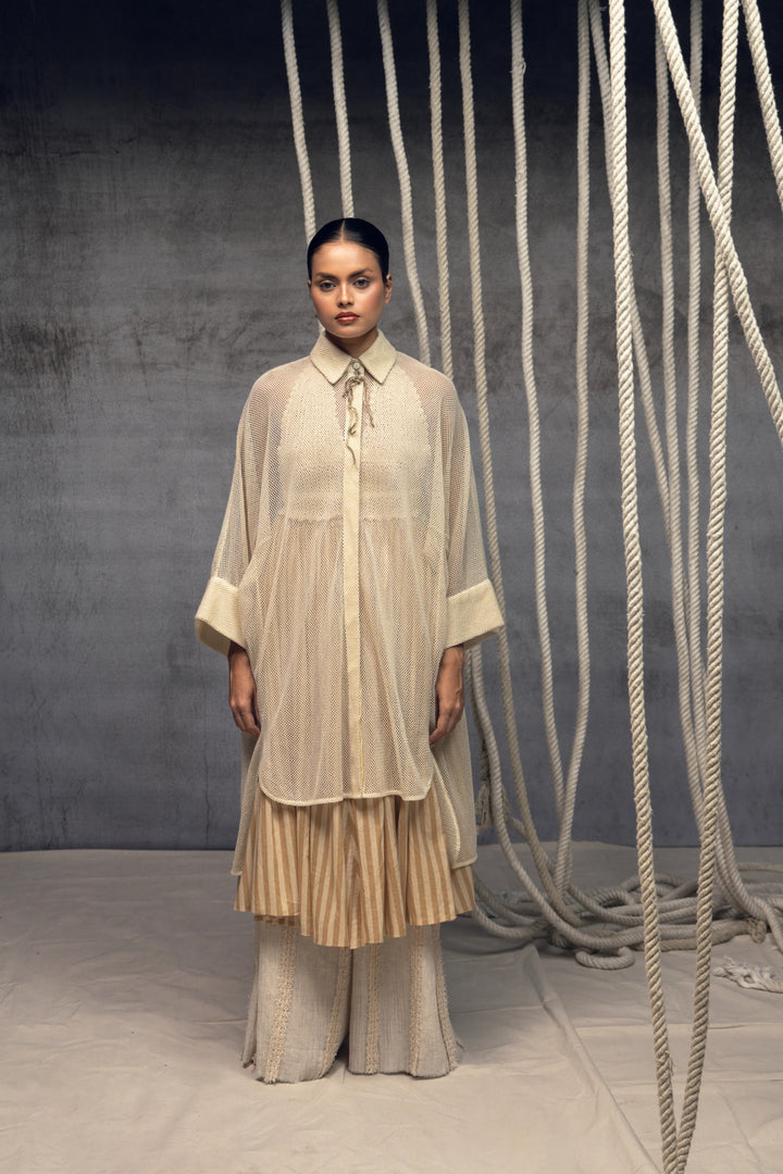 Ivory Open-Mesh Shirt Dress