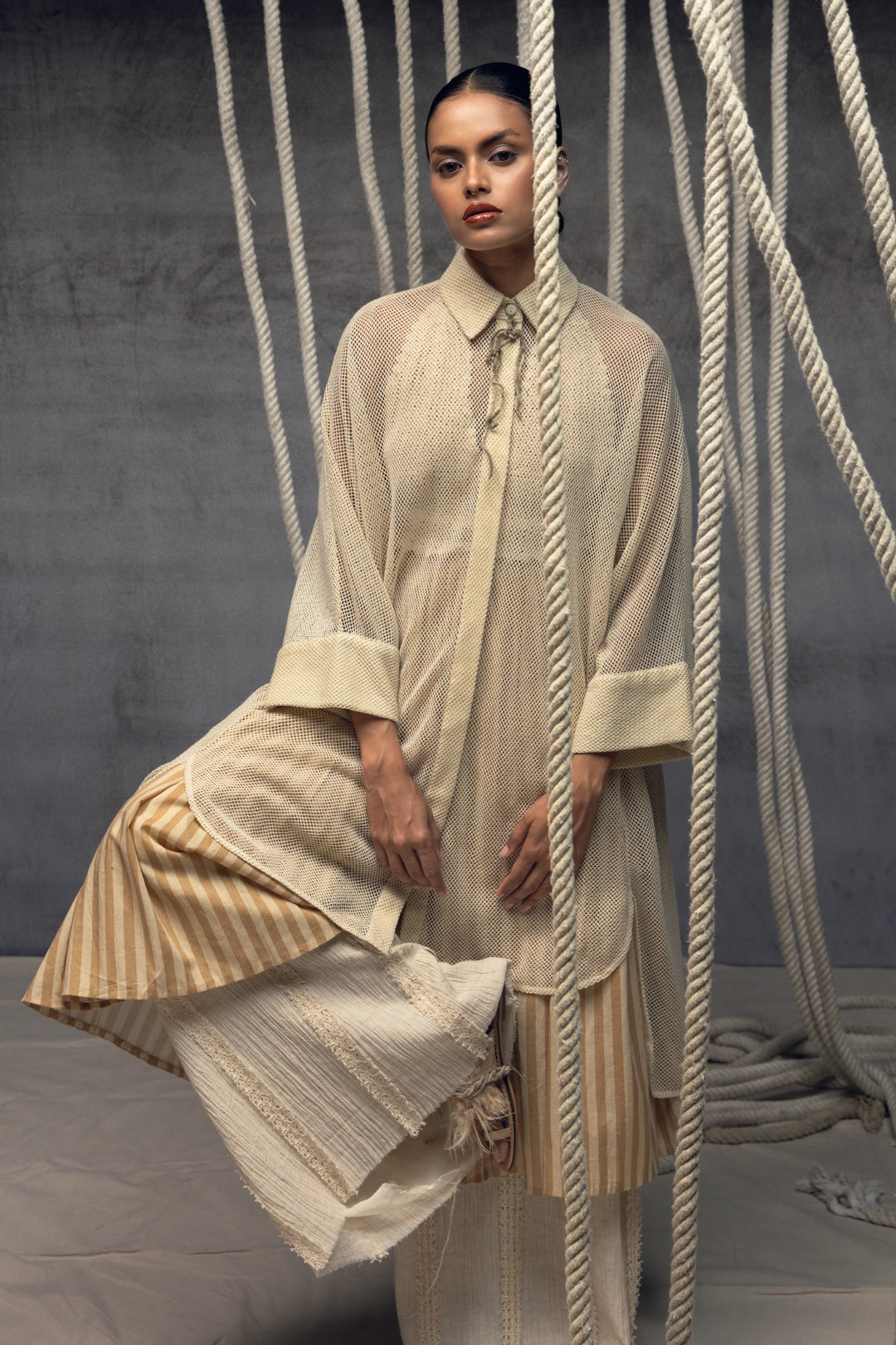 Ivory Open-Mesh Shirt Dress