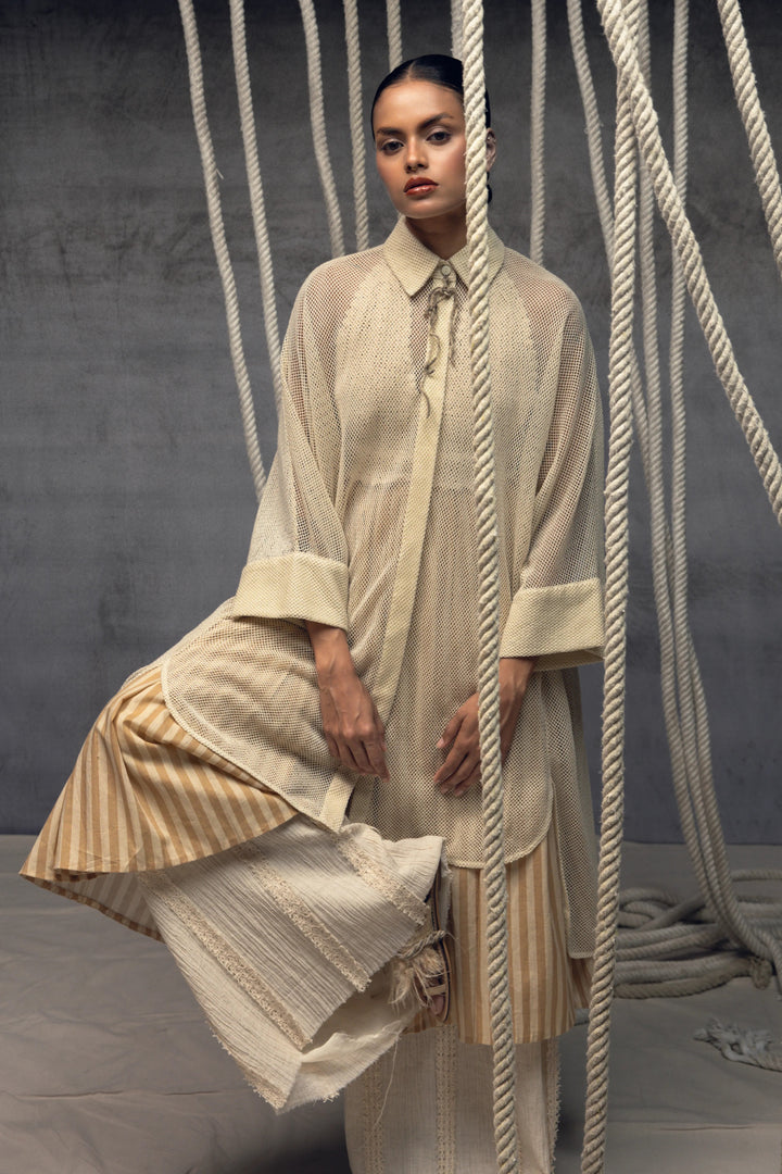 Ivory Open-Mesh Shirt Dress