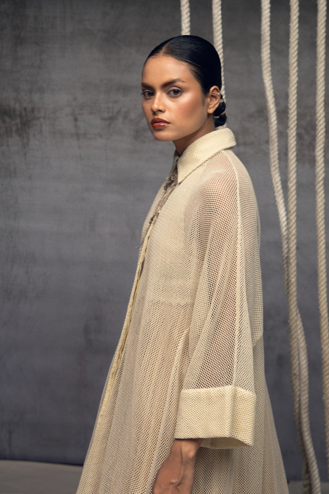 Ivory Open-Mesh Shirt Dress