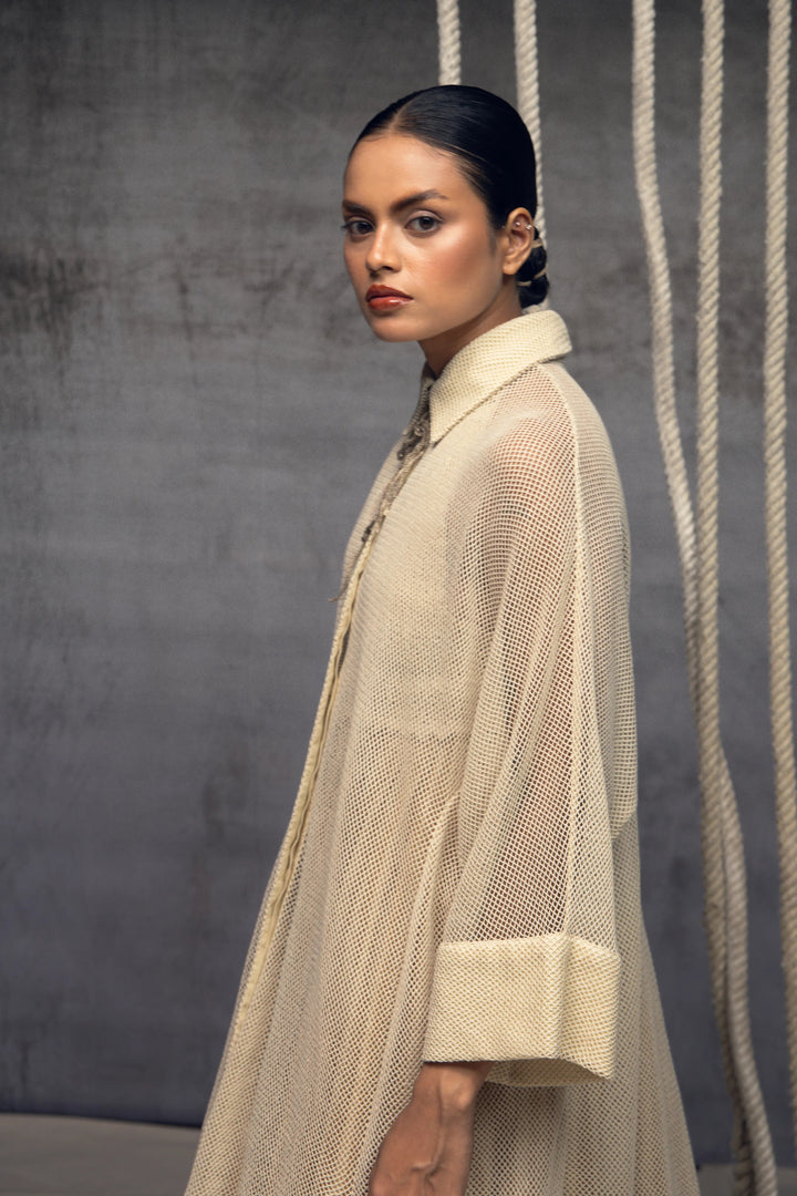 Ivory Open-Mesh Shirt Dress
