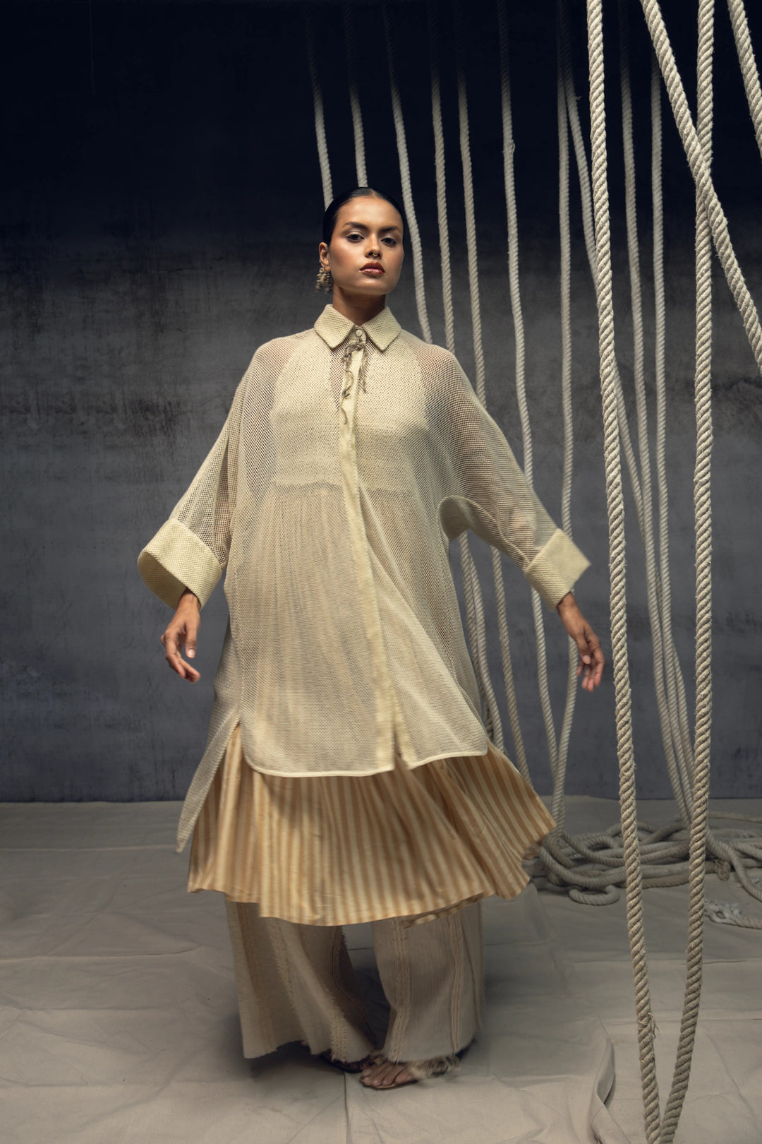 Ivory Open-Mesh Shirt Dress