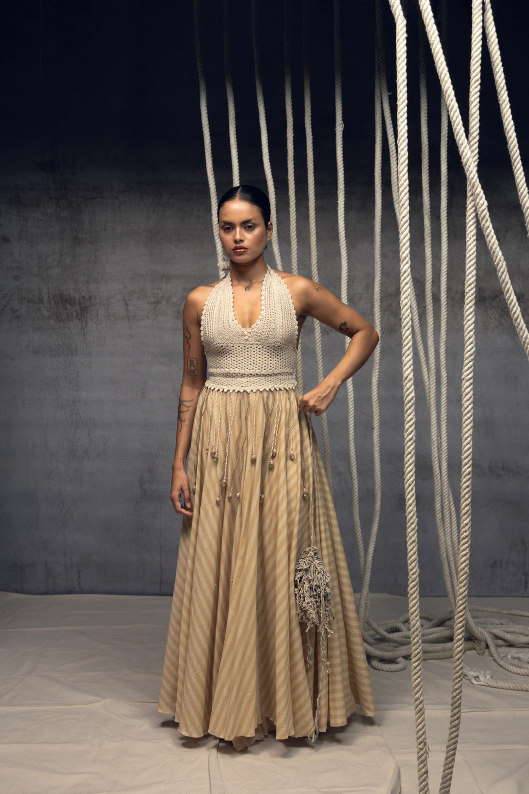 Ivory Crochet Bralette Striped Maxi