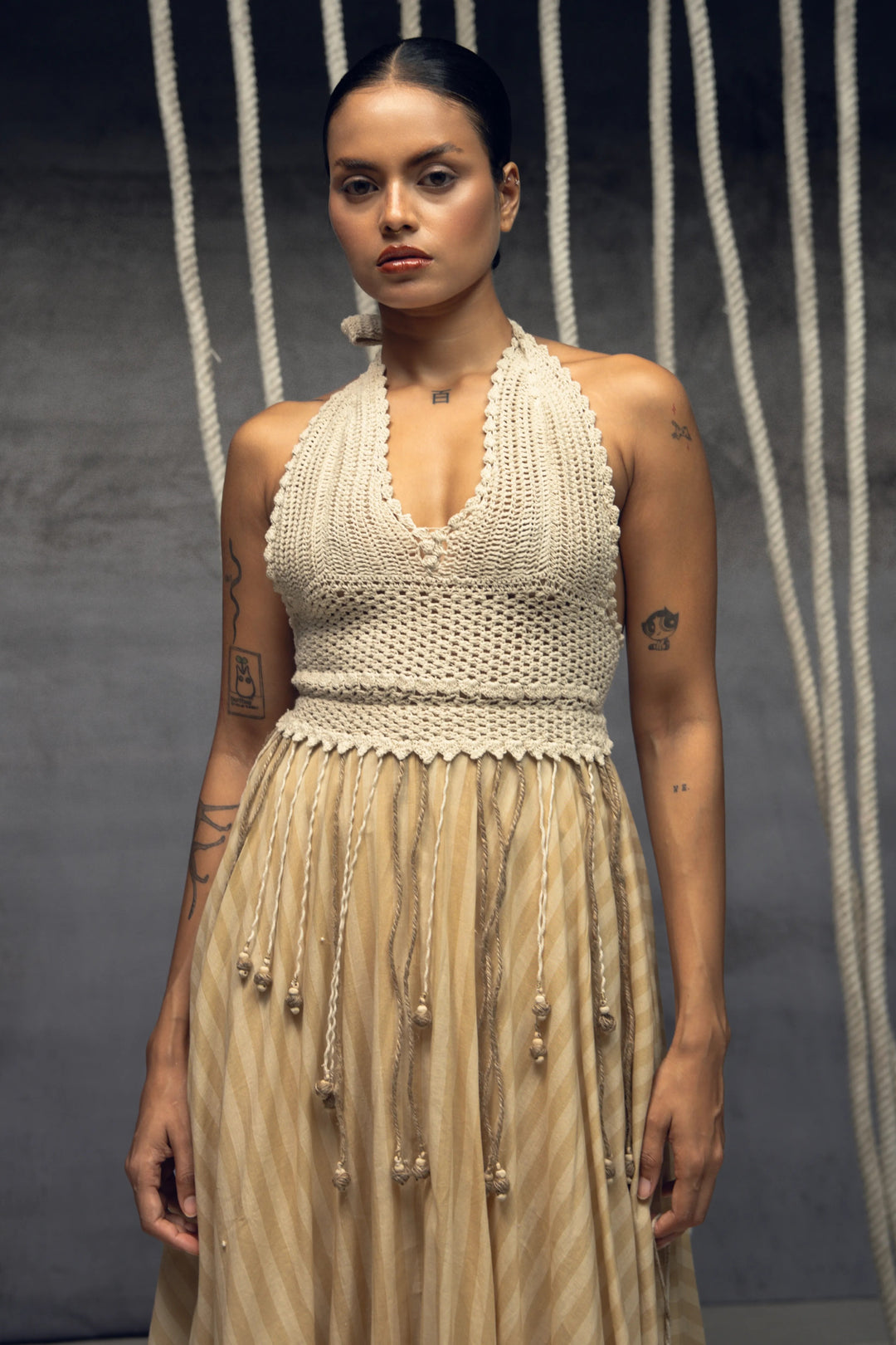 Ivory Crochet Bralette Striped Maxi