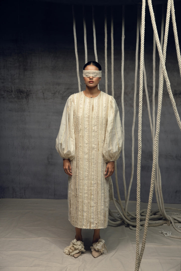 Ivory Khadi Silk Fringing Column Dress
