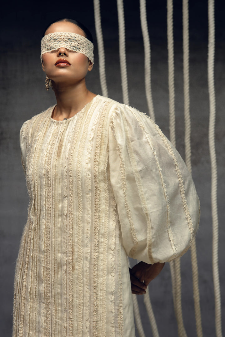 Ivory Khadi Silk Fringing Column Dress