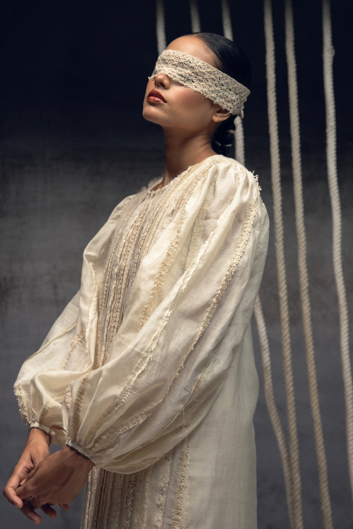 Ivory Khadi Silk Fringing Column Dress