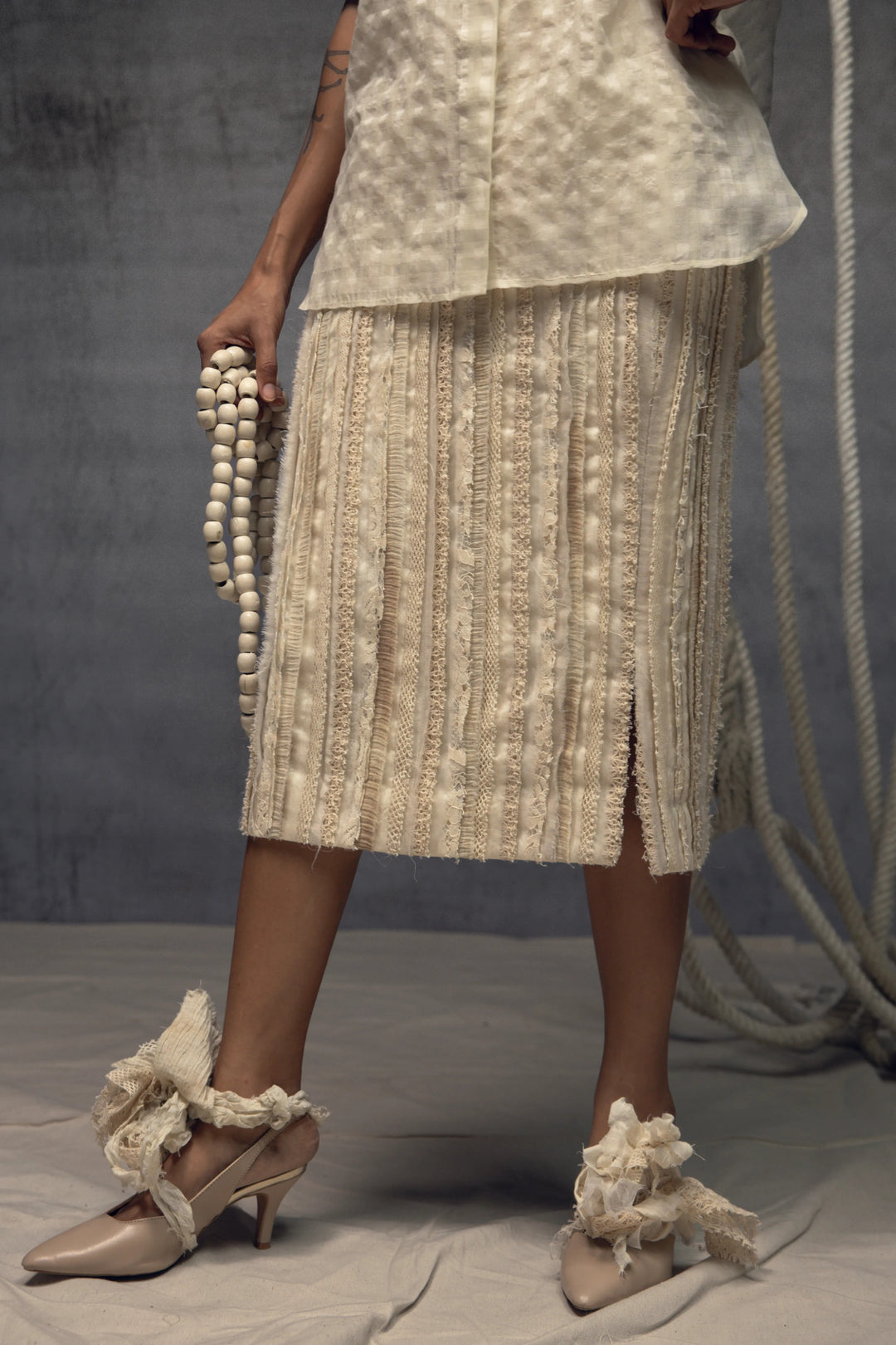 Ivory Khadi Silk Fringing Skirt