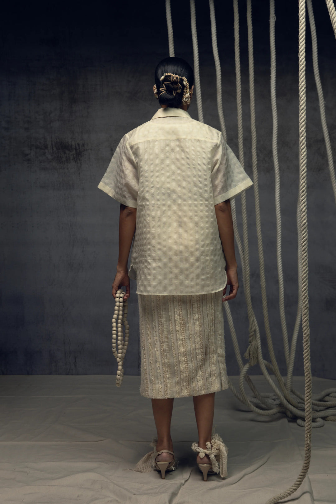 Ivory Khadi Silk Fringing Skirt