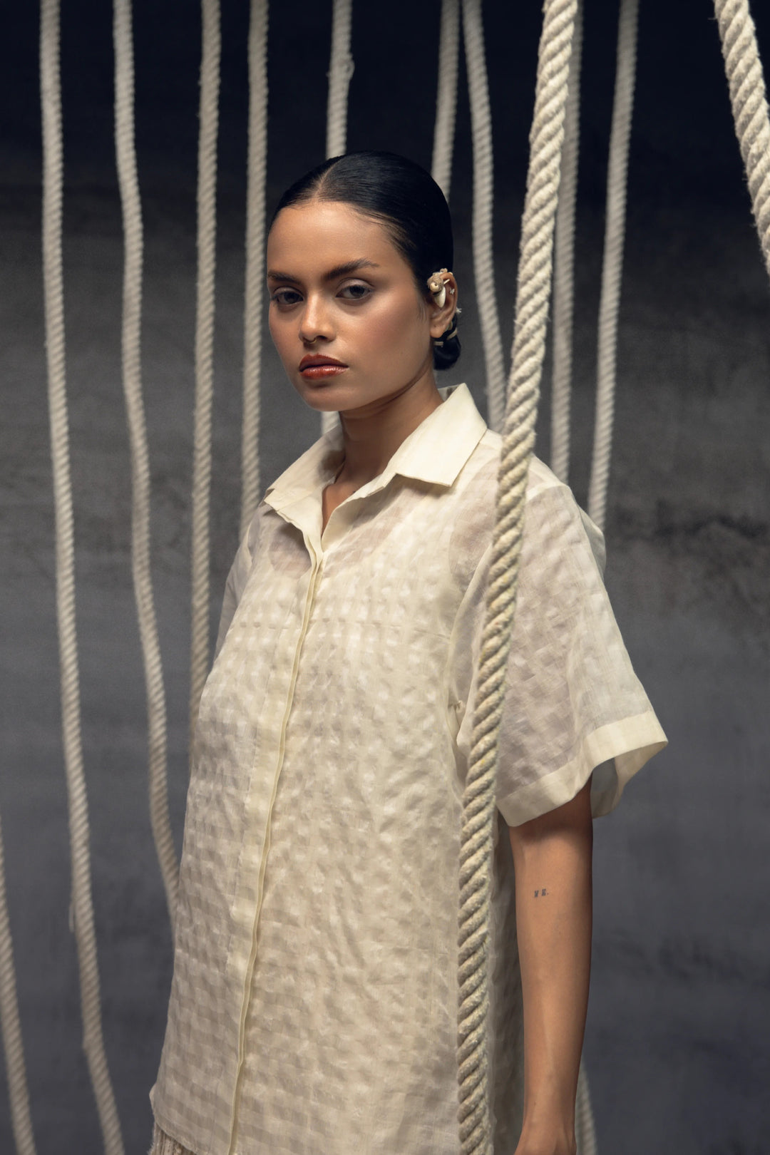 Ivory Khadi Silk Checkered Shirt