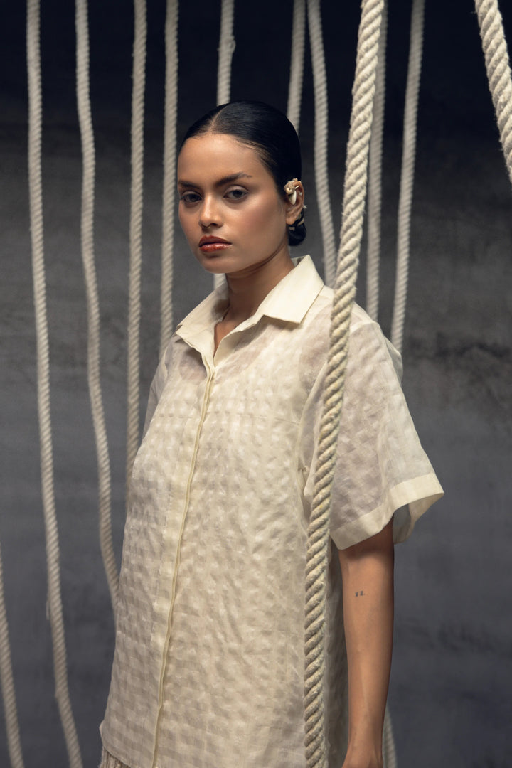 Ivory Khadi Silk Checkered Shirt