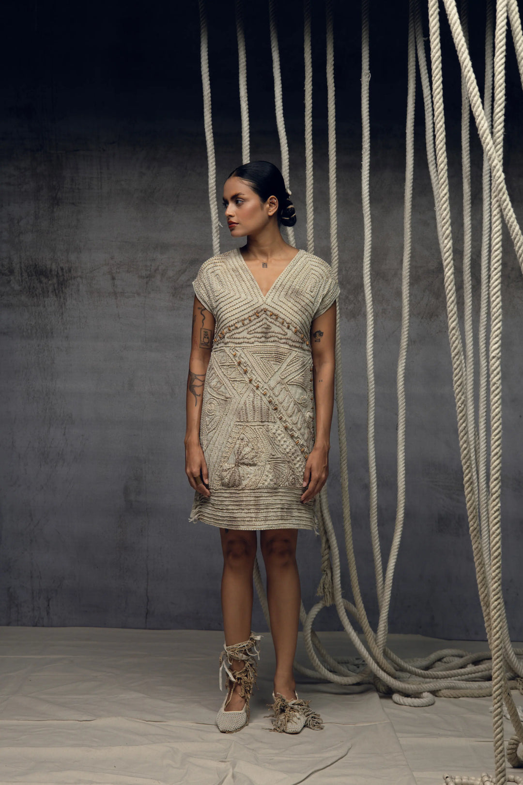 Ivory crushed embroidered short dress