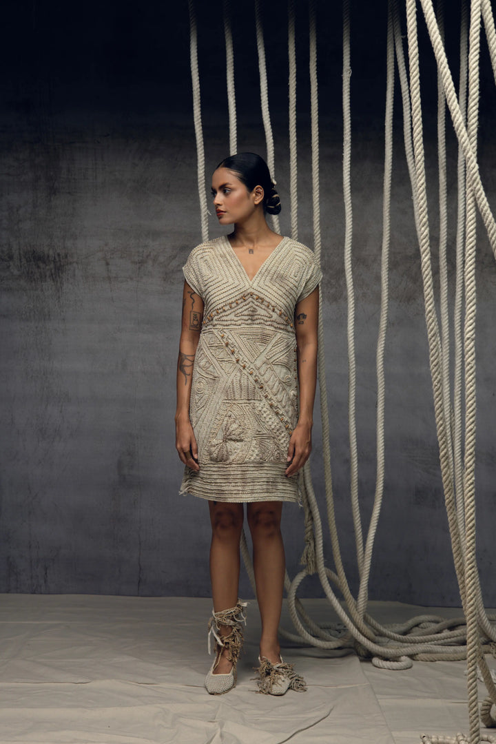 Ivory crushed embroidered short dress