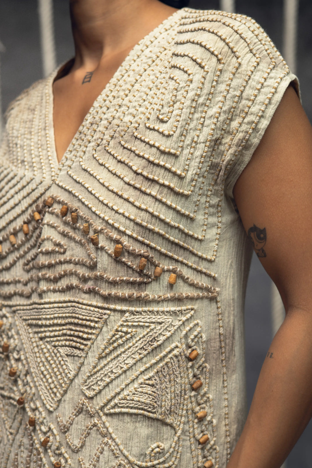 Ivory crushed embroidered short dress