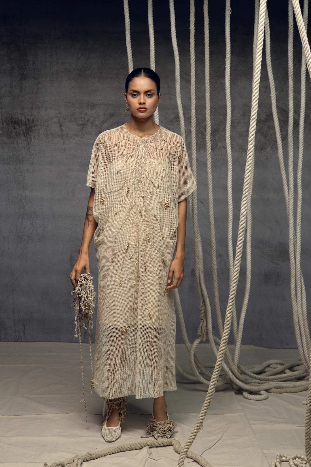 Open Mesh  embroidered kaftaan