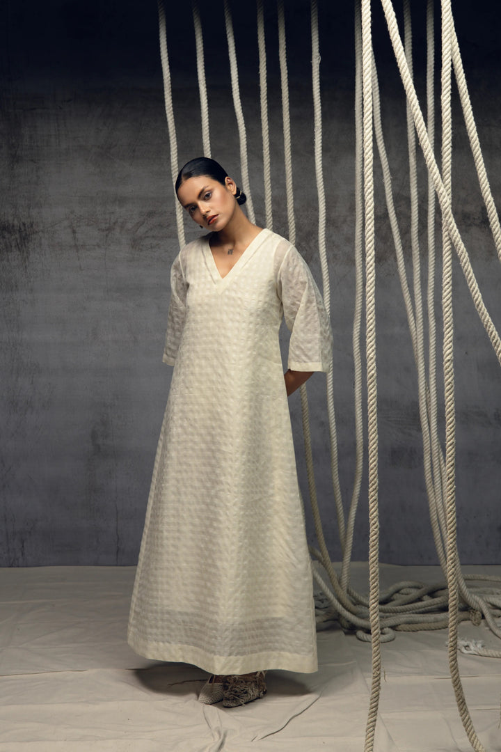 Ivory Khadi Silk Checkered Dress