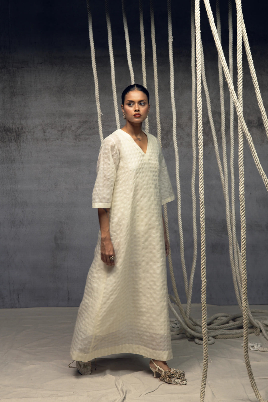 Ivory Khadi Silk Checkered Dress