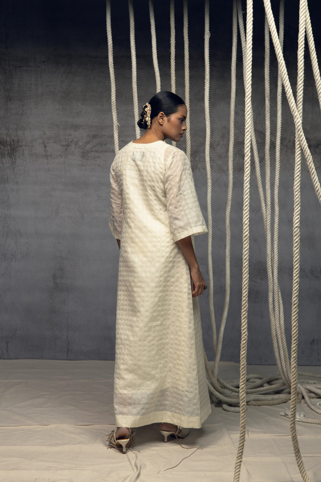 Ivory Khadi Silk Checkered Dress