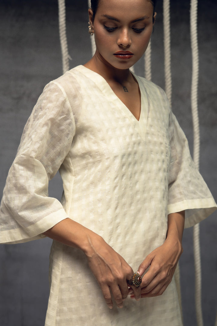 Ivory Khadi Silk Checkered Dress