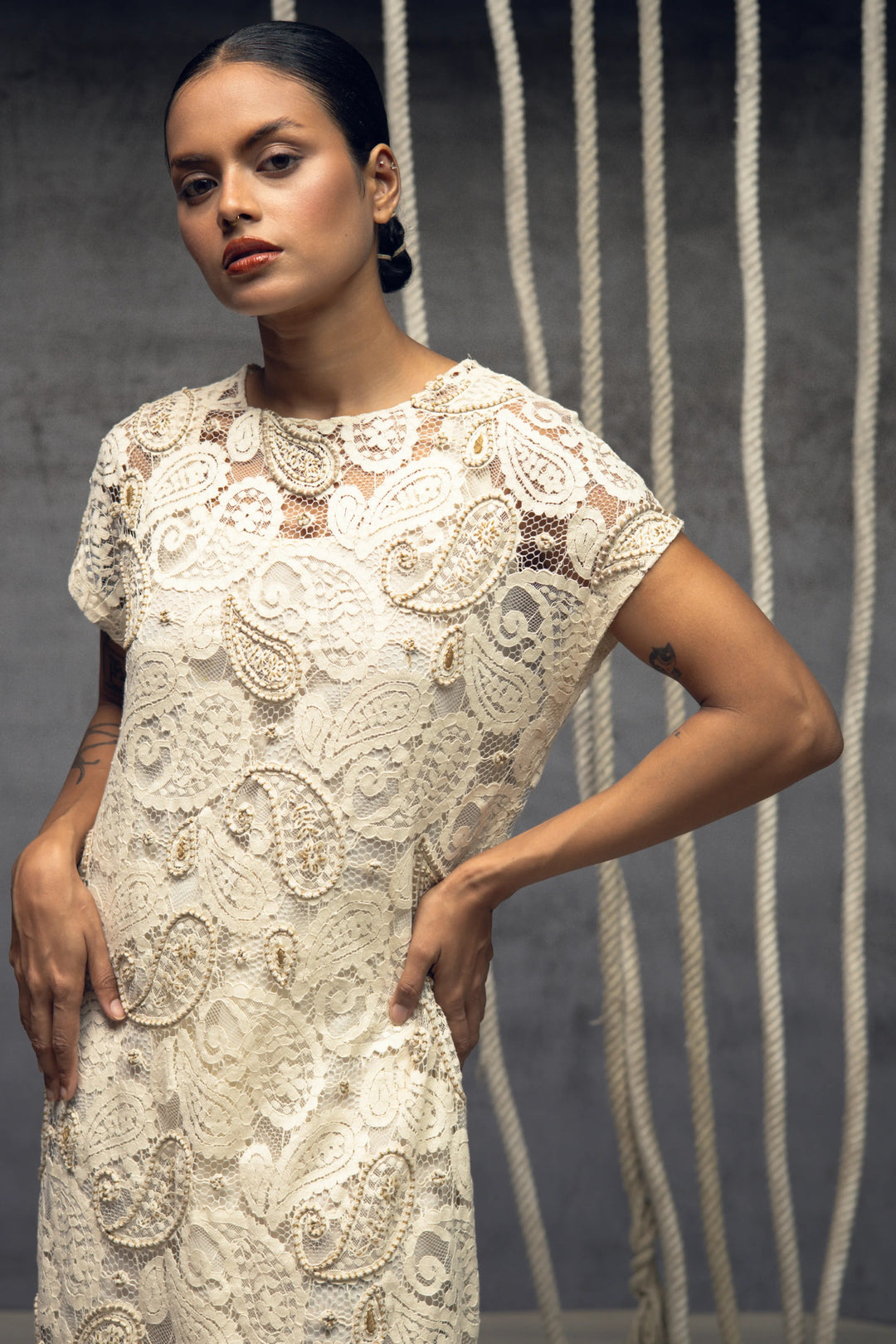 Ivory paisley Lace Embroidered Midi