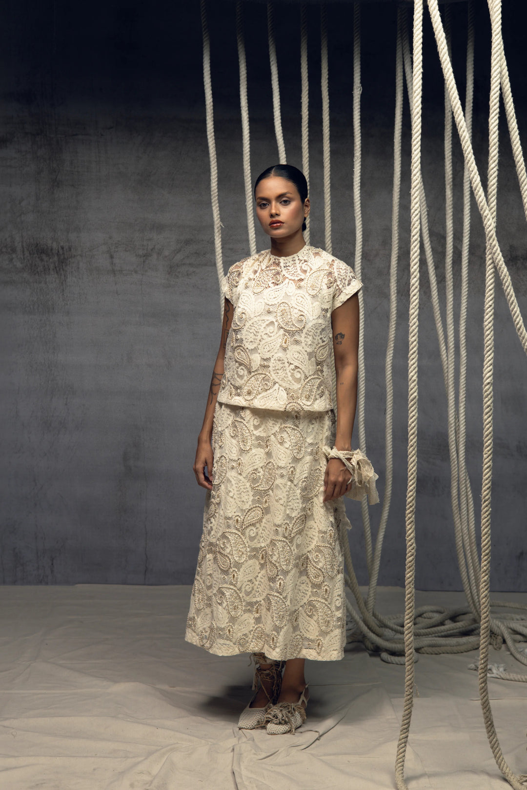 Ivory Paisley Lace Embroidered Top + skirt