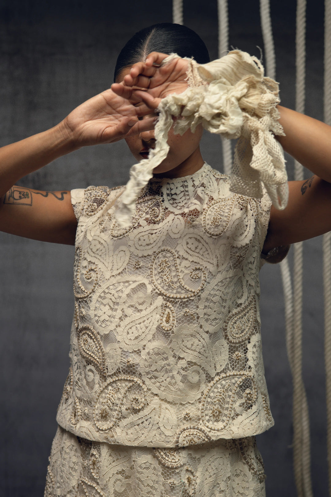 Ivory Paisley Lace Embroidered Top + skirt