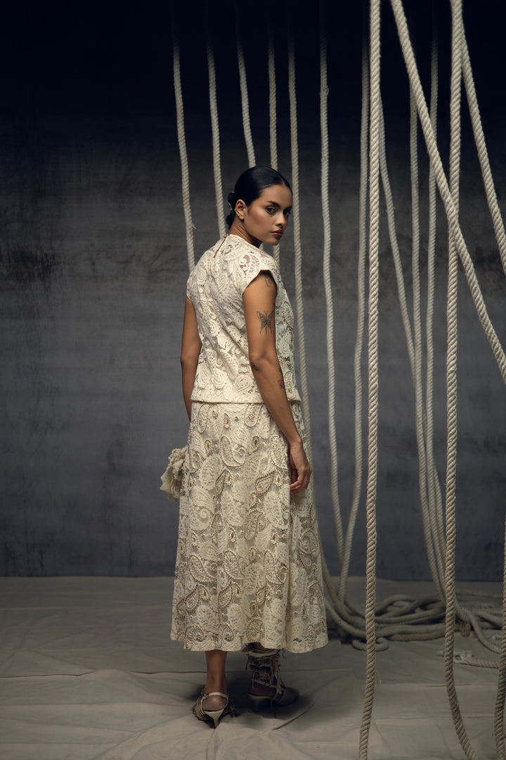 Ivory Paisley Lace Embroidered Top + skirt