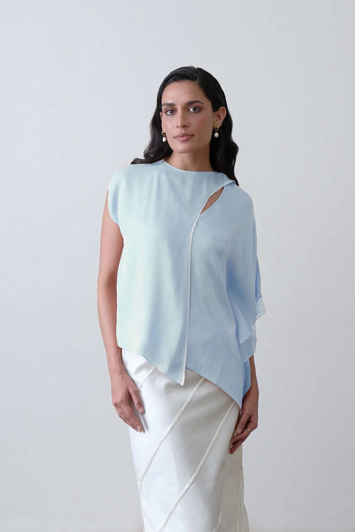 Powder Blue Satin Draped Scarf Top