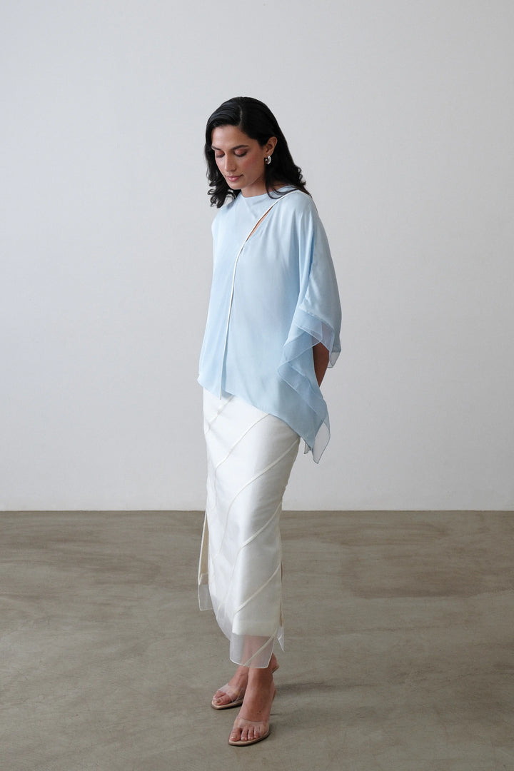 Powder Blue Satin Draped Scarf Top